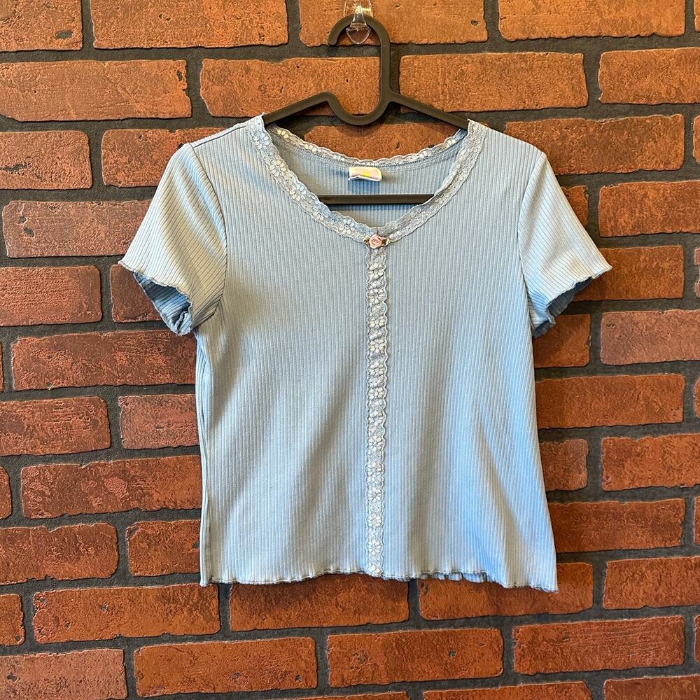 Coquette Blue Lace Trim Rose Crop Top - Size Large 90s Romantic Girly Baby Doll